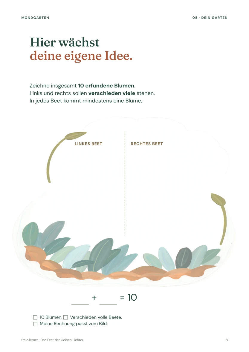 Eine offene gemalte Gartenmulde bietet Platz, zehn Blumen zu zeichnen und auf zwei Beete aufzuteilen.